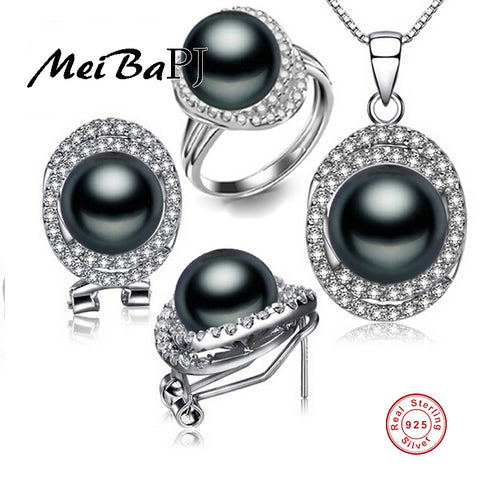 [MeiBaPJ] Silver top quality 100% genuine black freshwater pearl pendant necklace and earrings - ladies Shapewear 