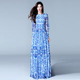 HIGH QUALITY New Fashion Women's Long Sleeve Vintage Blue And White Print Maxi Dress - ladies Shapewear 