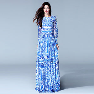 HIGH QUALITY New Fashion Women's Long Sleeve Vintage Blue And White Print Maxi Dress - ladies Shapewear 