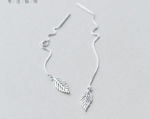 Real STERLING SILVER Pull Through Leaf Threader Earrings - ladies Shapewear 