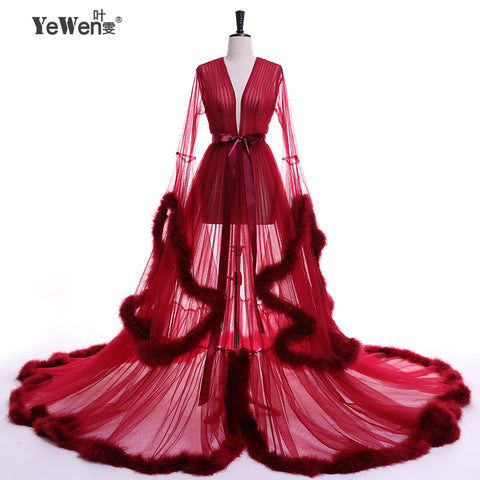 Evening Dress V Neck Feathers Long Tulle Party Evening Dresses Burgundy pink prom dresses - ladies Shapewear 
