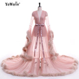 Evening Dress V Neck Feathers Long Tulle Party Evening Dresses Burgundy pink prom dresses - ladies Shapewear 
