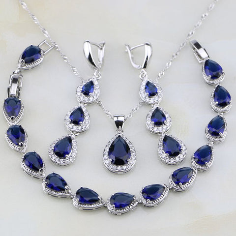 Trendy Water Drop Blue Cubic Zirconia White Sterling Silver Jewelry Sets - ladies Shapewear 