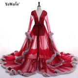 Evening Dress V Neck Feathers Long Tulle Party Evening Dresses Burgundy pink prom dresses - ladies Shapewear 