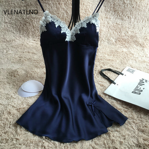 Ladies Sexy Silk Satin Nightgown Lace Nightdress Sleeveless Nighties - ladies Shapewear 