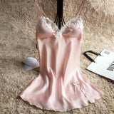 Ladies Sexy Silk Satin Nightgown Lace Nightdress Sleeveless Nighties - ladies Shapewear 