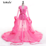 Evening Dress V Neck Feathers Long Tulle Party Evening Dresses Burgundy pink prom dresses - ladies Shapewear 