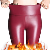 Poshcoco Warm Winter Women PU Leather Leggings - ladies Shapewear 