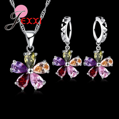 Jemmin Five Petaled Flowers Shinning Colorful Crystal Pendant Jewelry Sets - ladies Shapewear 