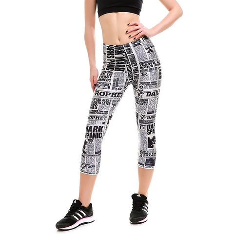 News Paper Design High Waist Women Mid-Calf Leggings - ladies Shapewear 