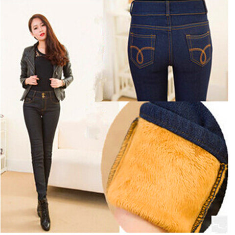 Winter Jeans Women Gold Fleeces Inside High Waist Female Snow Jeans Pants - ladies Shapewear 