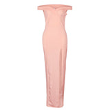 OHVERA Vintage Side Split Off Shoulder  Summer Sexy Party Long Dress - ladies Shapewear 