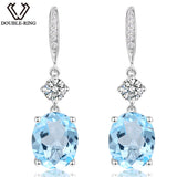 DOUBLE-Ring Genuine Natural Blue Sterling Silver Dangle Earrings for Women - ladies Shapewear 