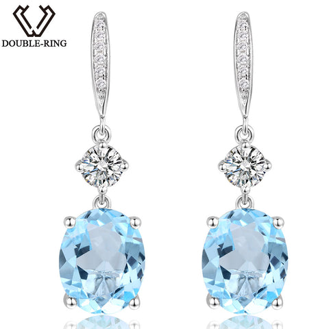 DOUBLE-Ring Genuine Natural Blue Sterling Silver Dangle Earrings for Women - ladies Shapewear 