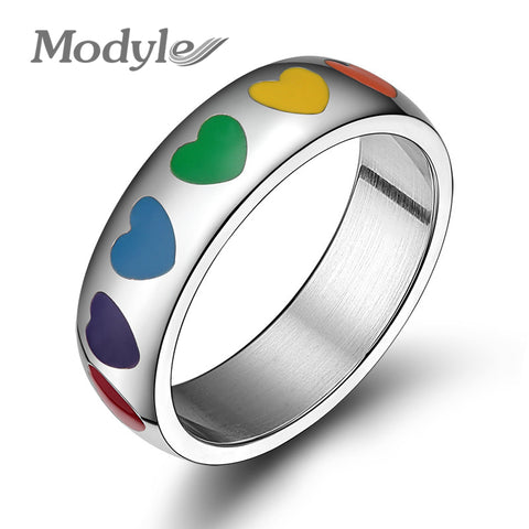 Modyle High quality stainless steel heart shape colorful Rainbow rings - ladies Shapewear 