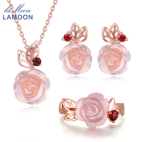 LAMOON FlowerRose Natural Pink Rose Sterling Silver Jewelry Set - ladies Shapewear 