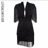 Love&Lemonade  Sexy Collar  Cut Out Tassel Splice Party Dress Black/White - ladies Shapewear 