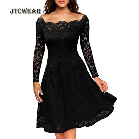 JTCWEAR Sexy Lace Slash Neck Long Sleeve Dress - ladies Shapewear 