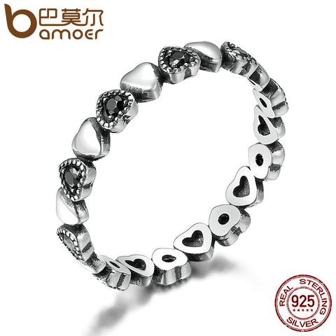 BAMOER Genuine Sterling Silver Stackable Ring Heart Black Finger Rings - ladies Shapewear 