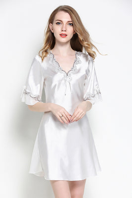 Sexy Women Satin Sleepwear Silk Nightgown Half Sleeve Embroidery Nightdress - ladies Shapewear 
