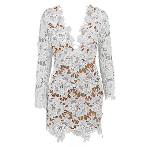 Yissang women lace dress white sexy ladies long sleeve V neck above knee dresses - ladies Shapewear 