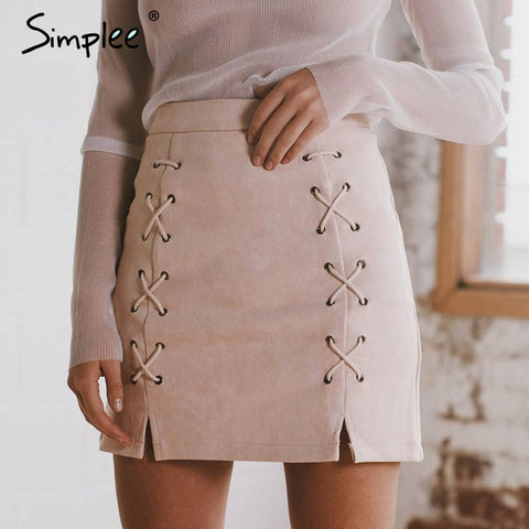 Simplee Autumn lace up leather suede pencil skirt - ladies Shapewear 