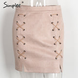 Simplee Autumn lace up leather suede pencil skirt - ladies Shapewear 