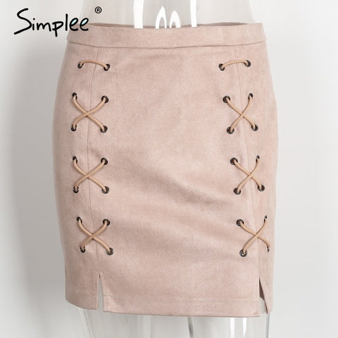 Simplee Autumn lace up leather suede pencil skirt - ladies Shapewear 
