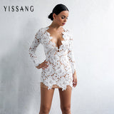 Yissang women lace dress white sexy ladies long sleeve V neck above knee dresses - ladies Shapewear 