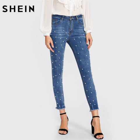 SHEIN Pearl Beaded Frayed Hem Jeans Casual Womens Skinny Jeans - ladies Shapewear 