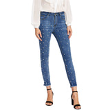 SHEIN Pearl Beaded Frayed Hem Jeans Casual Womens Skinny Jeans - ladies Shapewear 