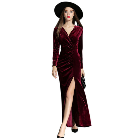 Autumn Winter Evening Party Dresses Red Velvet Dress - ladies Shapewear 