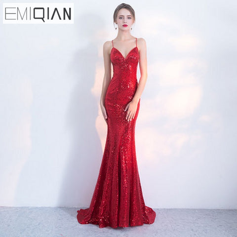 NEW Designer Red Sequin Formal Prom Party Dress Backless Long Evening Dresses - ladies Shapewear 