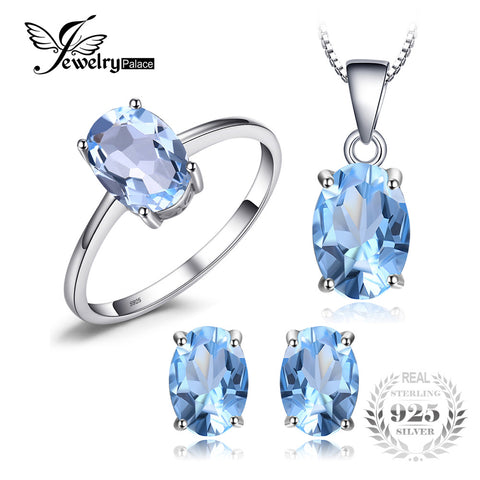 Jewelry Palace Oval Natrual Blue Topaz Ring Stud Earrings Pendant Necklace - ladies Shapewear 