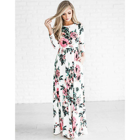 Sexy Women Floral Print 3/4 Sleeve Boho Ladies Long Maxi - ladies Shapewear 