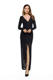 Split Deep V Neck Sexy Slim Black Long Party Dress - ladies Shapewear 