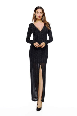 Split Deep V Neck Sexy Slim Black Long Party Dress - ladies Shapewear 