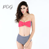 Female Sexy Big Red Bow Striped Bottom High Waist Two pieces Bikinis - ladies Shapewear 