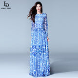 HIGH QUALITY New Fashion Women's Long Sleeve Vintage Blue And White Print Maxi Dress - ladies Shapewear 