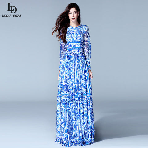 HIGH QUALITY New Fashion Women's Long Sleeve Vintage Blue And White Print Maxi Dress - ladies Shapewear 